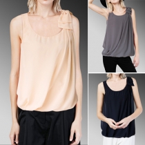 Fashion Solid Color Round Neck Sleeveless Chiffon Tops