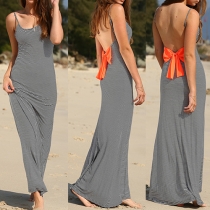 Sexy Round Neck Backless Bowknot Stripes Sling Maxi Dress