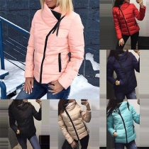 Trendy Solid Color Oblique Zipper Long Sleeve Hooded Warm Padded Coat