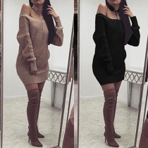 Sexy Solid Color Round Neck Long Sleeve V Back Lace-up Side Slit Sweater Dress