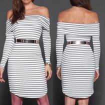 Sexy Off Shoulder Backless Long Sleeve Slim Fit Striped Dress