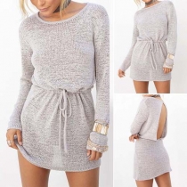 Sexy Solid Color Round Neck Long Sleeve Backless Gathered Waist Sweater Dress