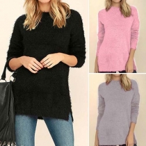 Trendy Solid Color V Back Round Neck Long Sleeve Fuzzy Sweater