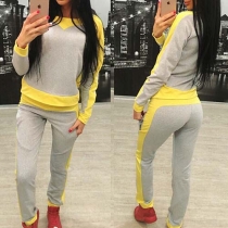 Casual Style Contrast Color Round Neck Long Sleeve Sports Suit