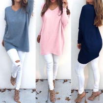 Stylish Solid Color V-neck Long Sleeve Loose-fitting Tops