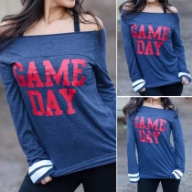 Sexy Letters Printed Off Shoulder Long Sleeve T-shirt