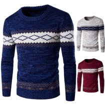 Trendy Contrast Color Printed Round Neck Long Sleeve Men's Knit Sweater