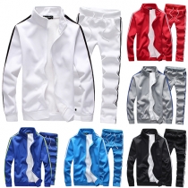 Casual Style Striped Spliced Front Zipper Long Sleeve Sports Suit