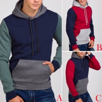 Casual Style Contrast Color Front Pocket Long Sleeve Hooded Men's Sweatshirt