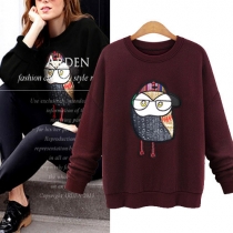 Cute Style Owl Printed Round Neck Long Sleeve Women's Sweatshirt