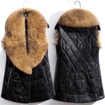 Fashion Artificial Fur Collar 2 Side Zipper Pockets Sleeveless PU Vest