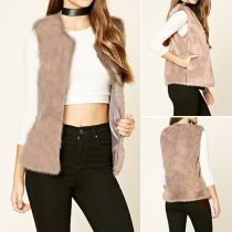 Fashion Solid Color Sleeveless Open-front Artificial Fur Vest