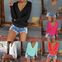 Sexy Solid Color V-neck Long Sleeve Loose-fitting Knit Tops