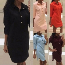 Fashion Solid Color Lapel 3/4 Sleeve Single-breasted Women's Blouse Dress