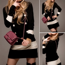 Fashion Contrast Color Round Neck Long Sleeve Slim Fit Dress