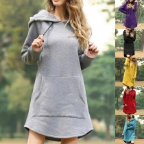 Casual Style Solid Color Front Pocket Side Buttons Long Sleeve Hooded Sweatshirt