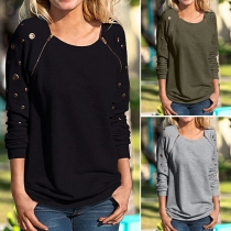 Fashion Solid Color Long Sleeve Round Neck Side Zipper Women's Sweatshirt