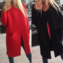 Stylish Solid Color 2 Side Pockets Long Sleeve Open-front Woolen Coat