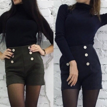 Fashion Solid Color 2 Side Pockets Double-breasted High Waist Shorts For Women