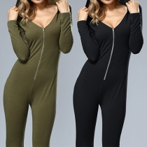 Sexy Solid Color Zipper V-neck Long Sleeve Hooded Slim Fit Jumpsuit