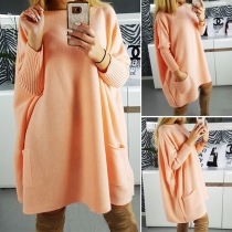 Fashion Solid Color Patch Pockets Lantern Sleeve Round Neck Loose-fitting Sweater