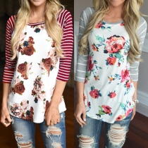 Stylish Floral Printed Striped Spliced Round Neck 3/4 Sleeve T-shirt