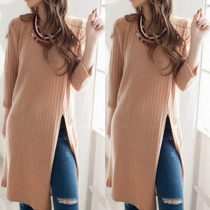 Fashion Solid Color Bracelet Sleeve Irregular Slit Hem Dress