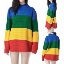Fashion Contrast Color Spliced Long Sleeve Pullover Sweater Coat
