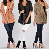 Fashion Solid Color Waist Drawstring Hoodie Trench Coat 