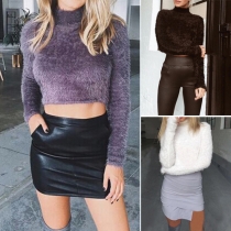 Fashion Sexy Solid Color Plush Turtleneck Crop Tops 