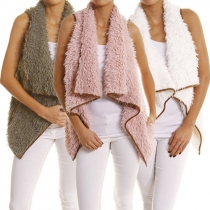 Fashion Solid Color Lapel Irregular Hemline Wool Vest 