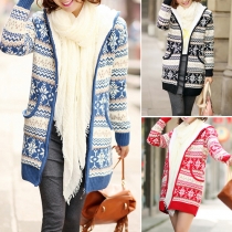 Fashion Geometric Patterns Long Sleeve Woolen Hoodie Knit Cardigan 