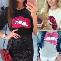 Fashion Sequin Lips Short Sleeve Round Neck T-shirt 