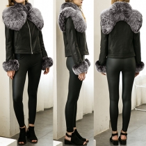 Fashion Long Sleeve Artifical Fur Zipper Leather Coat 