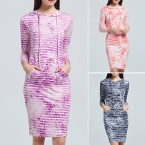 Fashion Stripe Tie-dyed Slim Fit Hoodie Dress