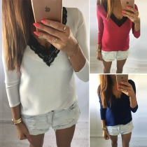 Fashion Sexy V-neck Long Sleeve Lace T-shirt
