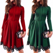 Fashion Solid Color Lace Turtleneck Slim Fit Dress