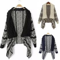 Retro Geometric Printing Long Sleeve Irregular Knitted Cardigan