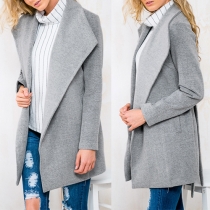 Fashion Solid Color Long Sleeve Lapel Woolen Coat