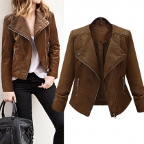 Casual Style Long Sleeve Lapel PU Leather Jacket