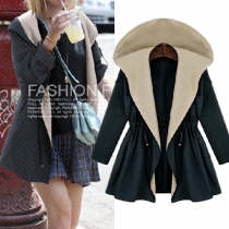 Fashion Solid Color Long Sleeve Gathered Waist Hooded Coat