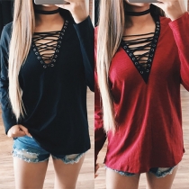 Sexy Lace-up Deep V-neck Long Sleeve T-shirt