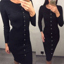 Fashion Solid Color Long Sleeve Single-breasted Knit Dress 