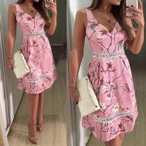 Fashion Flower Printed V-neck Hollow Out Sleveless Dress 