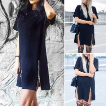 Fashion Casual Solid Color Short Sleeve Double Zipper Dress 