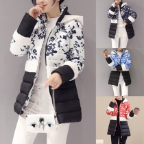 Fashion Splice Color Stand Collar Front Zipper Warm Hoodie Coat 