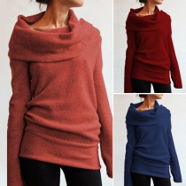 Fashion Solid Color Long Sleeve Cowl Neck Knitted Tops