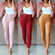Fashion Solid Color Double-breasted High Waist Stretch Leggings