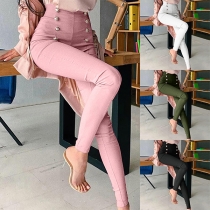 Fashion Solid Color Double-breasted High Waist Stretch Leggings