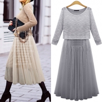 Fashion Long Sleeve Tops + Gauze Spliced Sleeveless Dress Two-piece Set